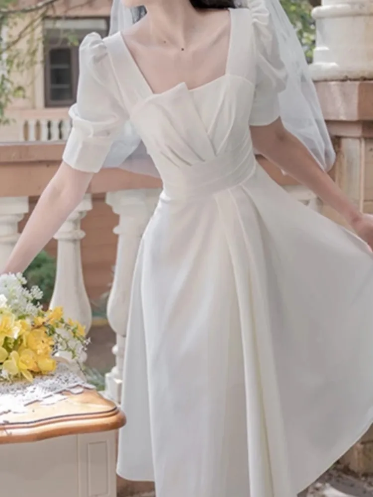 Summer Women Casual Elegant Midi White Dress Ladies Slim Vintage Prom