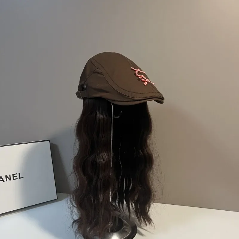 Casual Fashionable Wig Bonnets Newsboy Wigs Caps Women Daily Wig Cap Detachable Hats Female Retro Hat Chic Pink Bow Bonnets