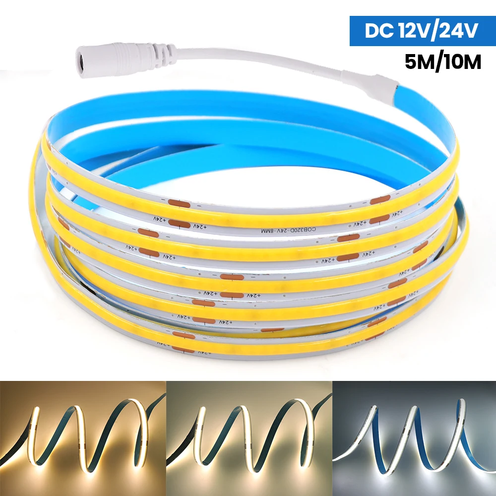 

5M 10M COB LED Strip Light 12V 24V 8mm 320 LEDs/M High Density Linear Lighting Flexible FOB Tape Warm White/Natural White/White