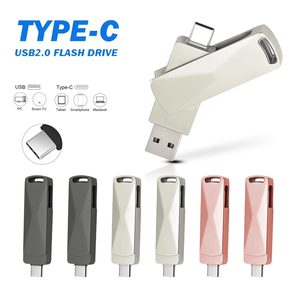 USB 펜 드라이브 TYPE-C 펜 드라이브, USB 2.0 플래시 드라이브, 컴퓨터 휴대폰용 금속 펜 드라이브, 2 인 1, 32GB, 64GB, 128GB