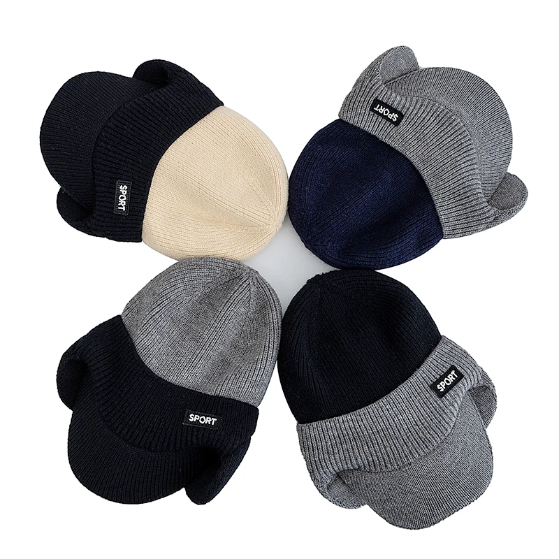 Hot Sale Winter Hat Fur Lined Beanie Warm Earflap Brim Cap Stylish Hats For Men Outdoor Thicken Ski Sports Knitted Hat Warm Gift