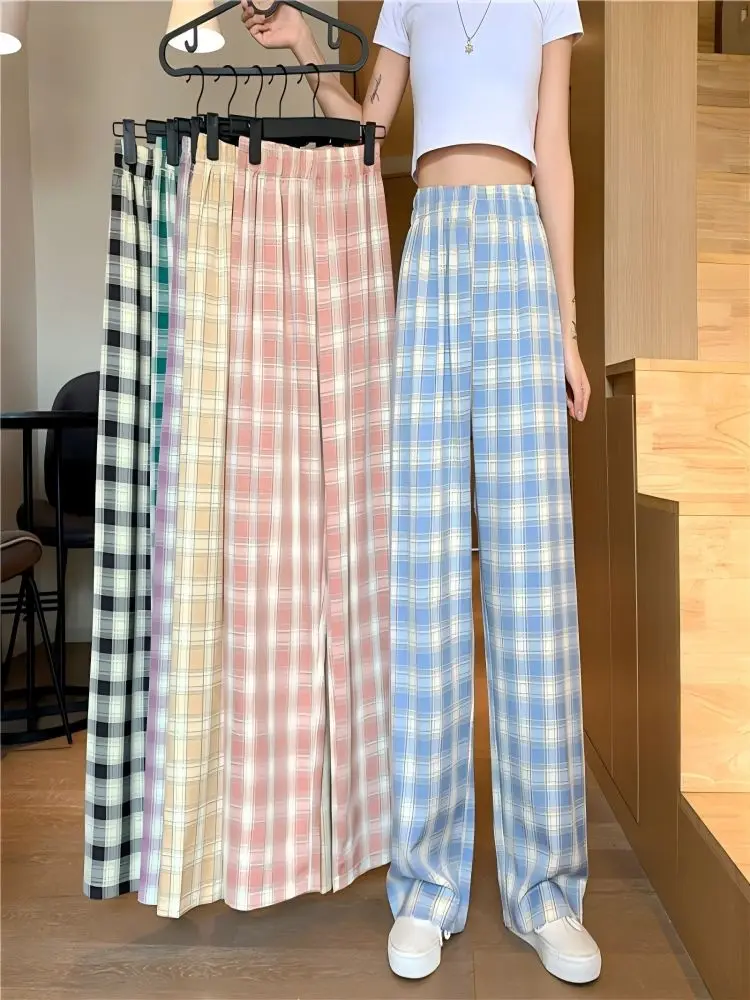 Summer Thin Plaid Pants Women Casual Loose Wide Leg Trousers