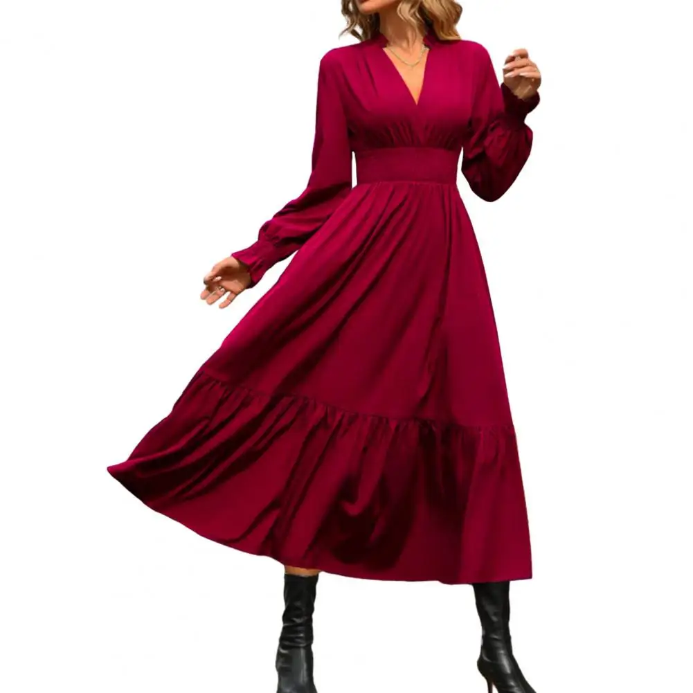 

Women Dress V Neck A-line Pleated Patchwork Loose Hem Tight High Waist Solid Color Long Sleeve Fall Spring Midi Dress