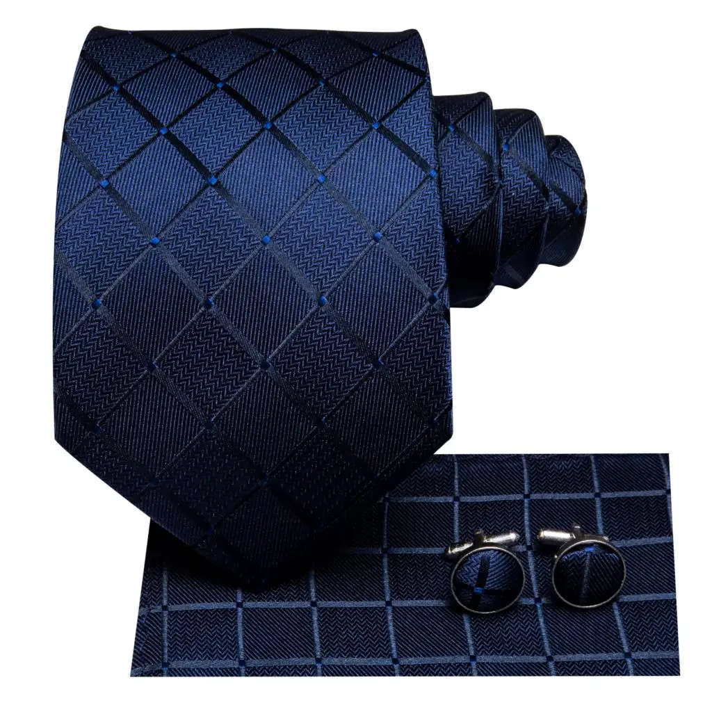 Business Classic Striped Solid Neck Tie for Men 3.4" Brand Necktie Pocket Square Cufflinks Wedding Party Silk Tie Set