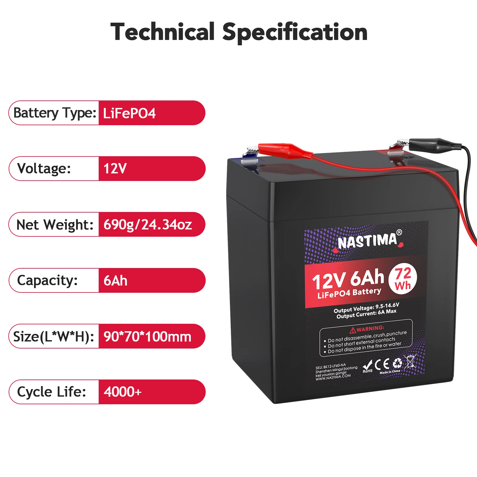 12V 6Ah LiFePO4 lithiumbatterij, diepe 2000 oplaadbare cyclus, lage zelfontlading en licht gewicht, perfect voor Kid Camper, lampen en zonnesystemen