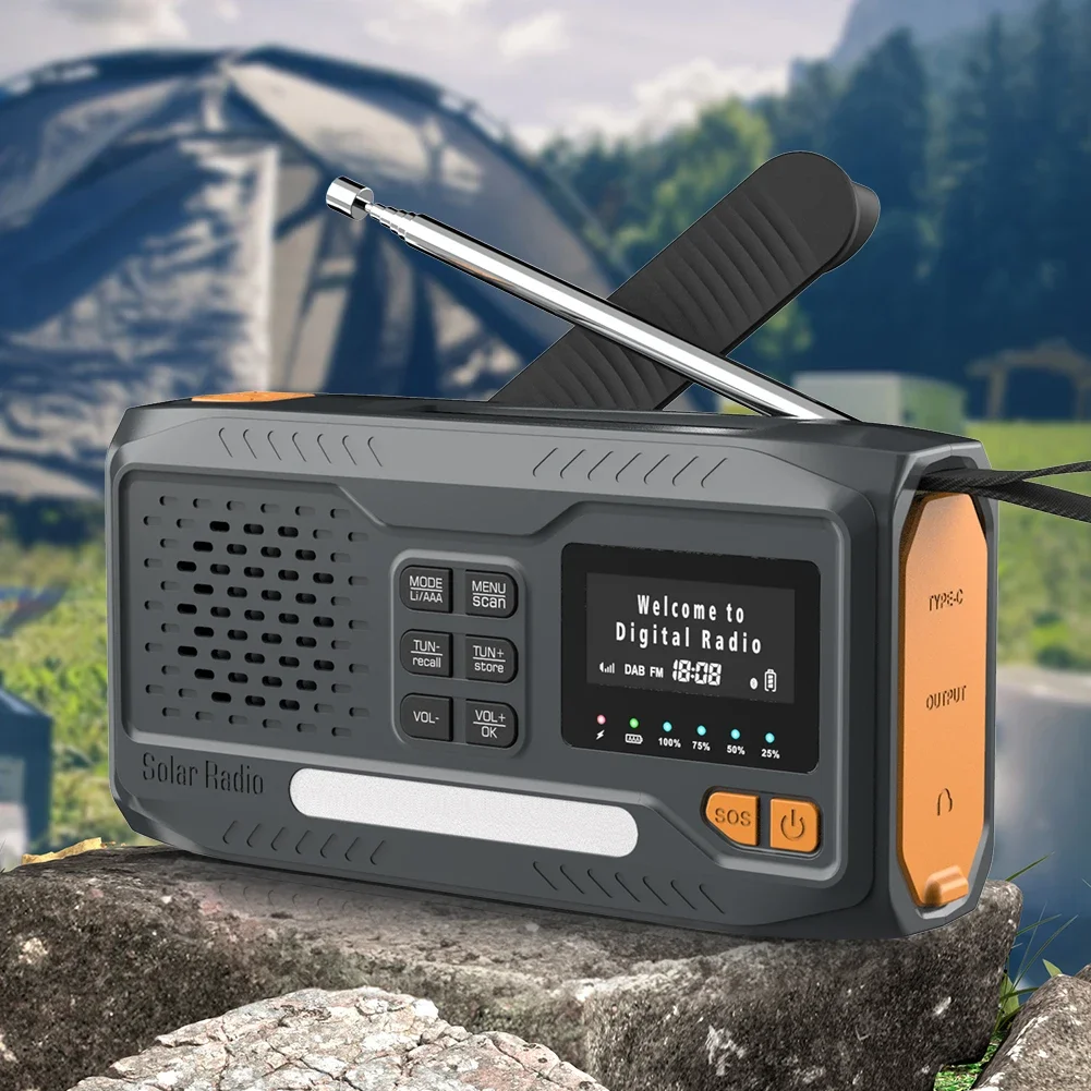 Solar Hand Crank Emergency Radio 2000mAh Rechargeable DAB/FM/Bluetooth-Compatible Radio 4 Ways Powered Reading Lamp for Survival