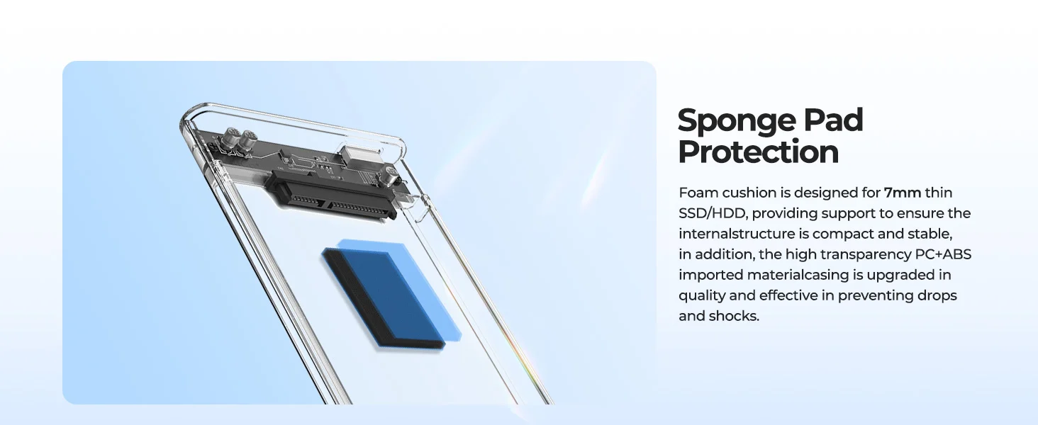 ORICO 2,5'' externes Festplattengehäuse USB 3.0 zu SATA III Werkzeugloses, transparentes Festplattengehäuse für 2,5 Zoll 7 mm 9,5 mm SATA HDD SSD – Detail 4