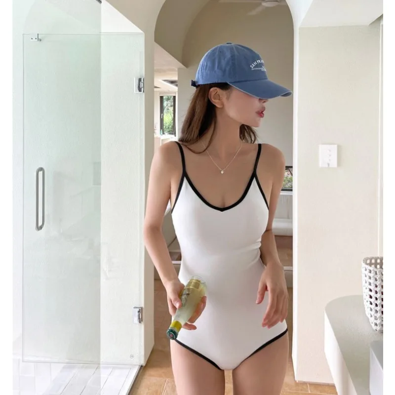 여성 배색 원피스 수영복 칼라, 서스펜더 스타일, 섹시한 슬림 뱃살 커버, 바캉스, 한국판, 신상