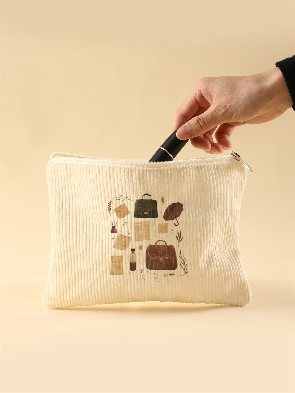 Women's Corduroy Travel Cosmetic Bag Portable Large Capacity Makeup Storage Organizer Zipper Clutch Purse Make up Bag