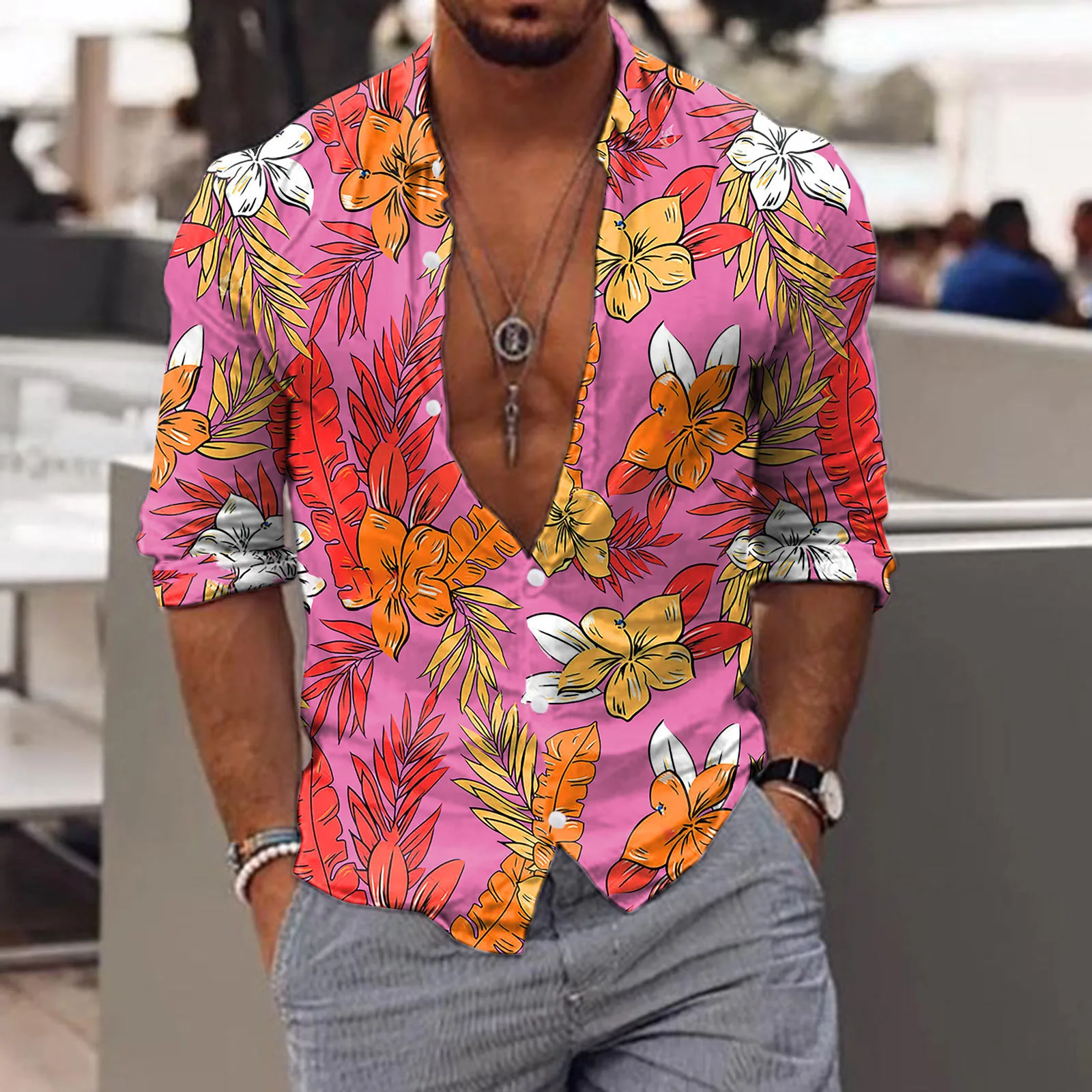FloralPrintPinkMenShirtsTurndownCollarButtonedShirtCasual