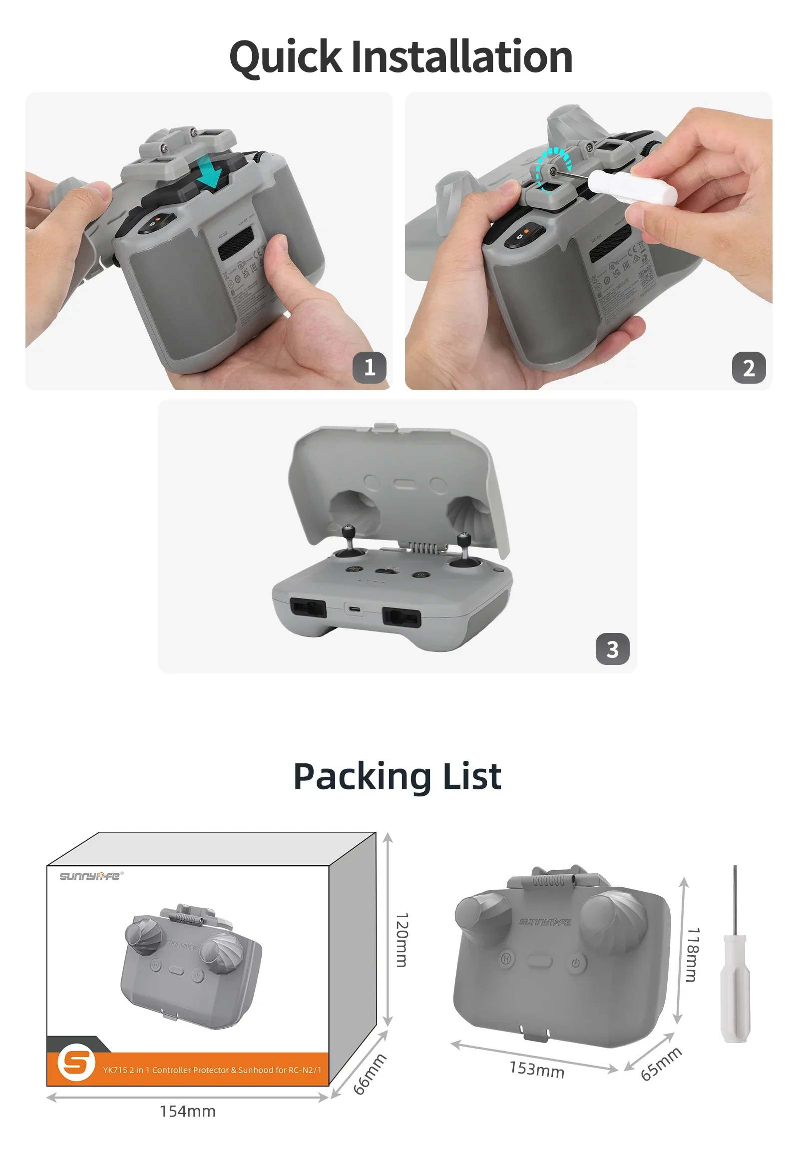 Capuche solaire déployée sur le contrôleur DJI RC-N2, réduisant les reflets pour une meilleure visibilité.