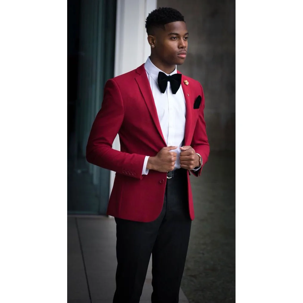 

Fashion Red Suits for Men Blazer Single Breasted Notched Lapel Casual Full Set Black Pants Skinny 2 Piece Jacket Trousers Slim