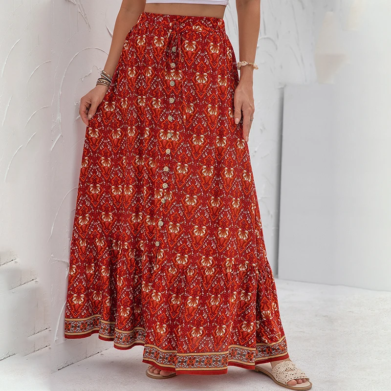 Rimocy 2022 Boho Floral Print Long Skirts Women Summer High Waist Beach Skirts Woman Casual Button Holiday Maxi Skirts Ladies skirt top