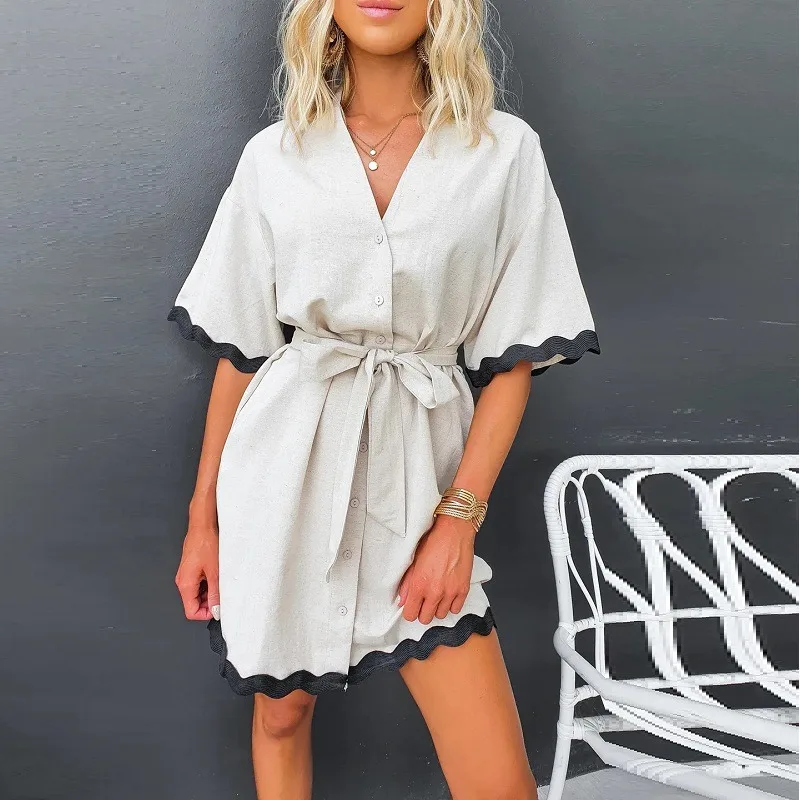 

Casual Loose Shirts Dresses Summer Women's Dress 2024 New V-neck Solid half Short Sleeve Lace up Single breasted Cardigan Dress