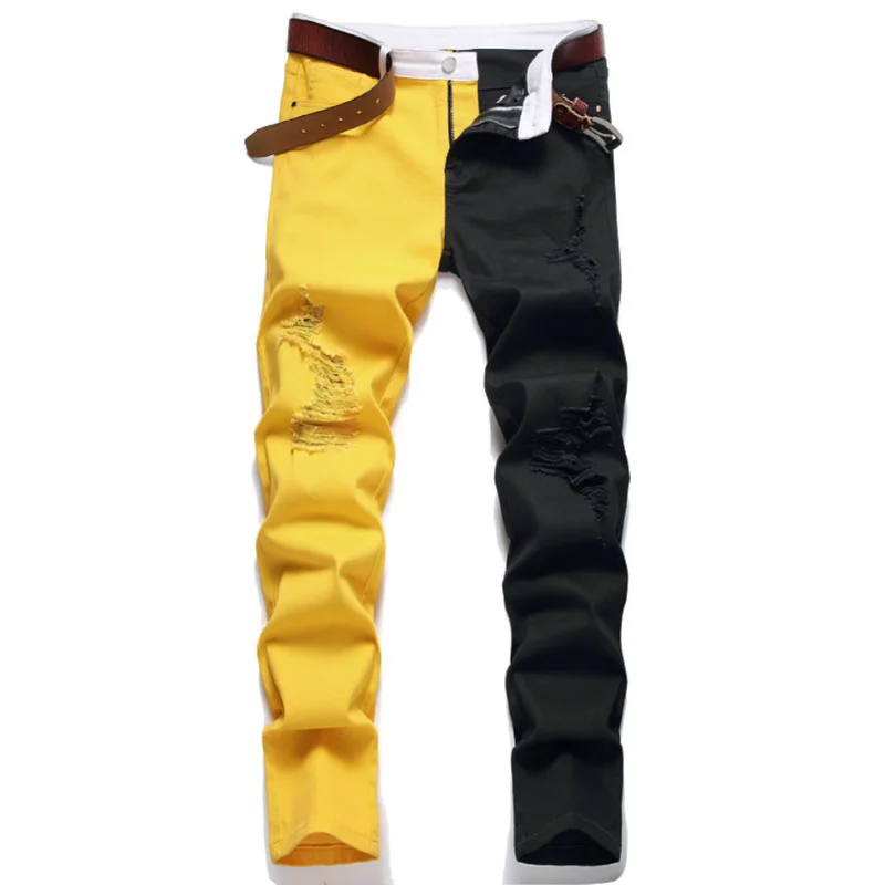 New Men 2022 American Style Fashion Stitching Two-color Yellow and Red Trend Stretch Jeans Male Trousers Denim Pants 6