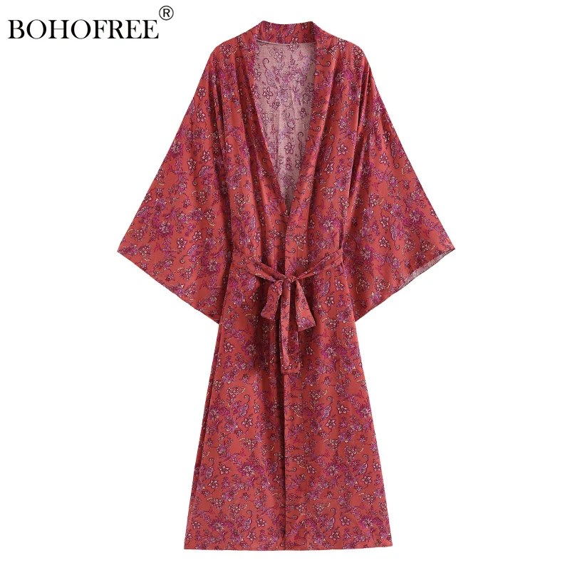 

Boho Botanical Floral Print Log Duster Sashes Batwing Sleeve Holiday Cover Ups Beach Bohemian Kimono Robes Rayon Cotton Kimonos