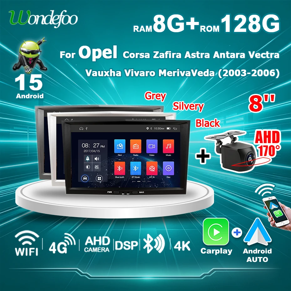 Radio para Auto con Pantalla de 8'' Android 15 AUTO, CarPlay, Bluetooth, Estéreo para Opel Vauxhall Astra Antara Vectra Corsa Zafira Meriva Vivara 2003-2006, Reproductor Multimedia 2DIN, Autoradio, Navegación GPS, WIFI, 4G 1