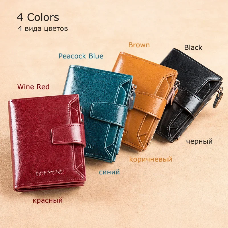Genuine Leather Wallets for Women Red Money Purses Zipper RFID Short Female Small Card Holder Coin Purse Trifold Bifold Wallet 3