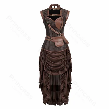 Costume da pirata per donna Abito da pirata Corsetto in pelle punk Top con gonna con coulisse Abito corsetto Steampunk marrone Taglie forti