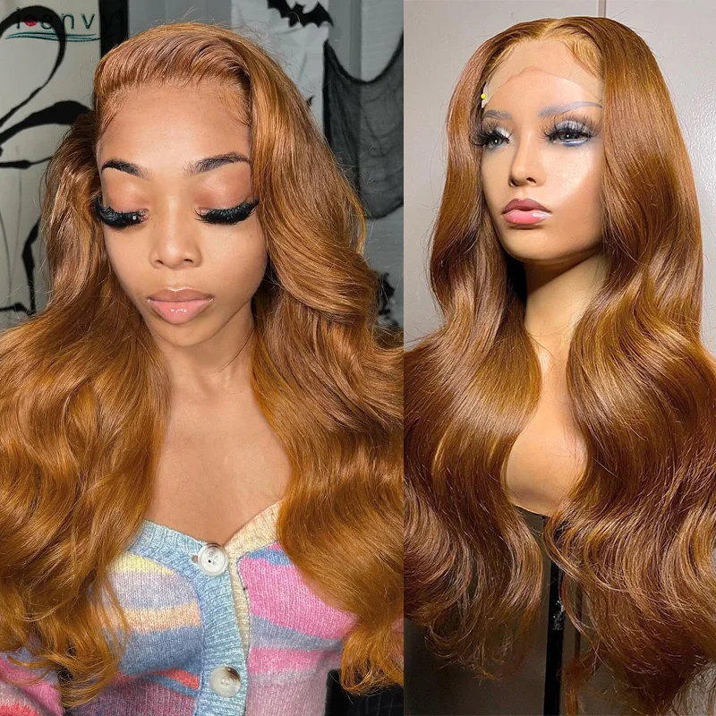 진저 블론드 컬러 13X6 13X4 인모 레이스 프론트 가발 바디 웨이브 허니 블론..