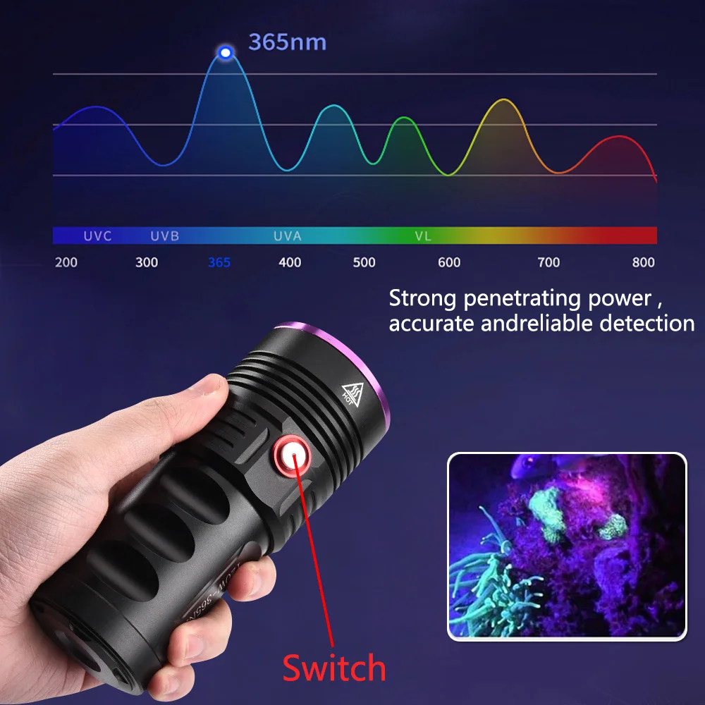 120W 6-Core 365nm UV Flashlight Black Mirror 2-Mode Purple Light Ultra Viole Torch Pet Urine Stains bed bug Scorpions Detector
