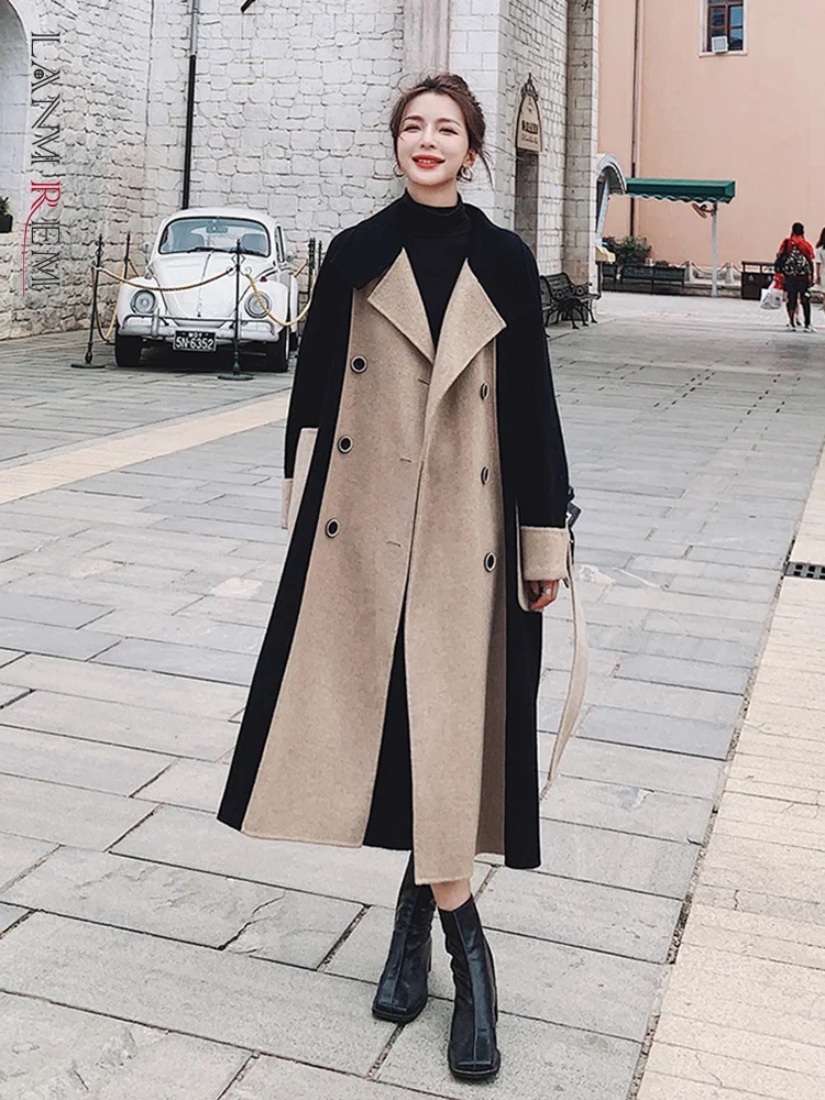 

LANMREM Contrast Color Woolen Belt Coats For Women Lapel Double Breasted Loose Fashion Streetwear Clothing Autumn Winter 2R6405