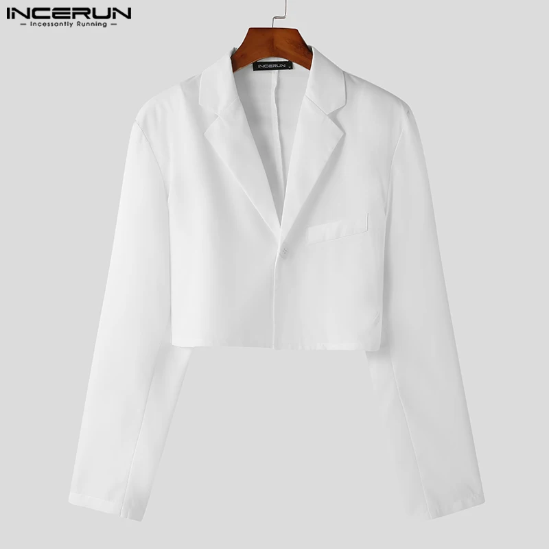 INCERUN Men Blazer Solid Color Lapel Long Sleeve Streetwear Casual Suits Autumn One Button 2023 Fashion Male Crop Coats S-5XL 5
