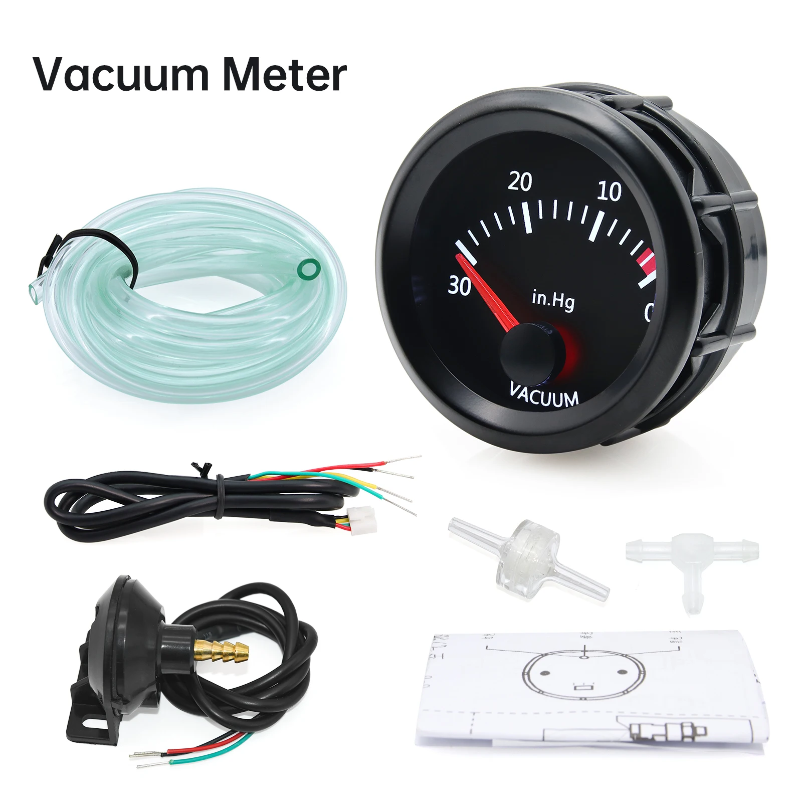 Vacuum Gauge 12V Car Meter Auto Pointer 0~30 In.Hg 2" 52mm Smoke Len Vacuum Meter White LED Digital automotive pressure gauge