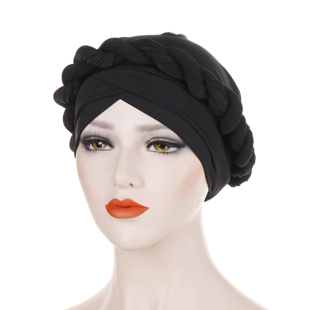 

Muslim Turban Hats for women Dough Twist Solid Braid silky Hijab Headwrap caps Pre tied Chemo Beanies Headwear for Cancer