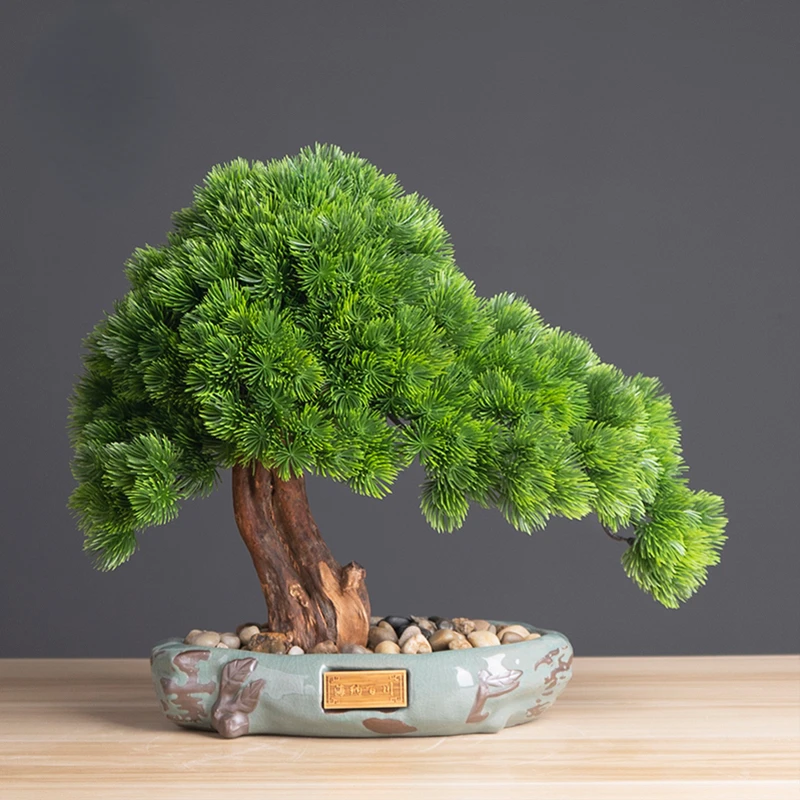 

New Chinese simulation welcome pine bonsai luo han song living room entrance decoration hotel model room soft decoration