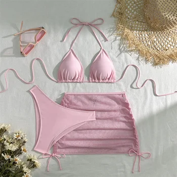 Sexy Pink Bikini Extrem String Backless Swimwear Mesh Skirt Women Push Up Swimsuit Black Y2K Thong Bikinis Beach Vacation Outfit 1