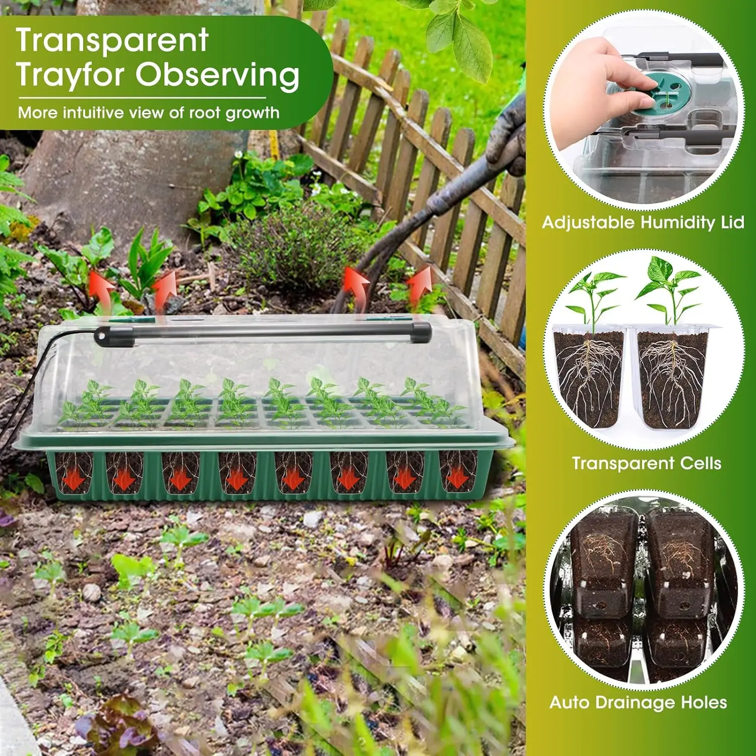 Seed Starter Tray 120 Cells Grow Light Smart Timer Adjustable Vents Drainage Holes