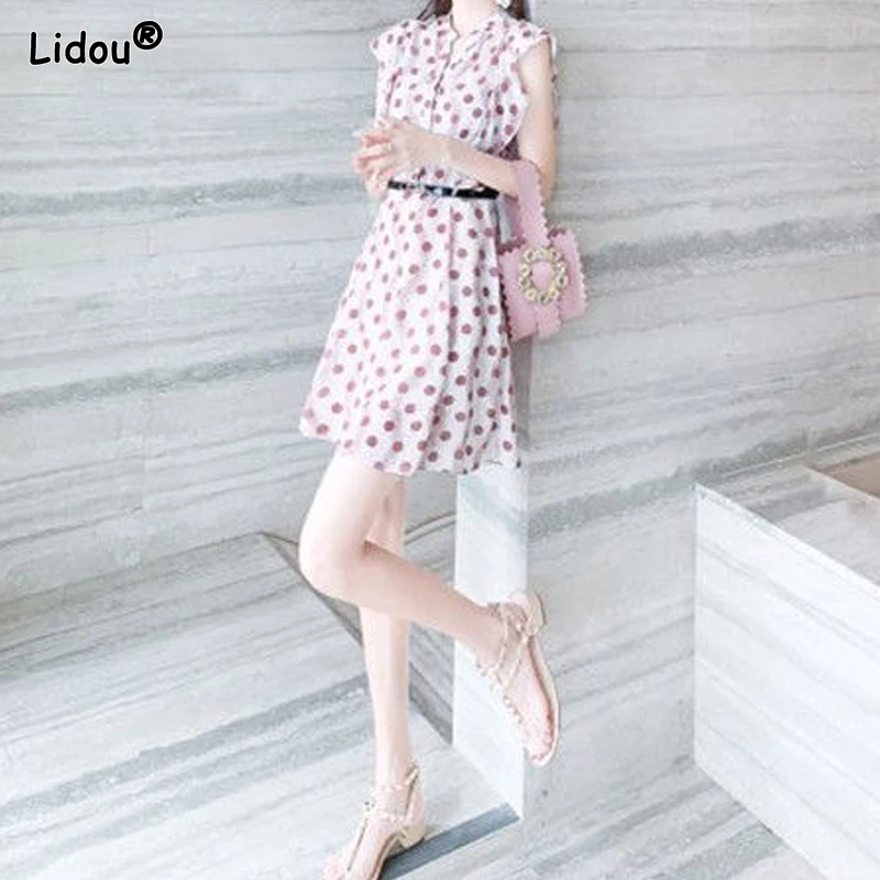

A-line Skirt Dot Pattern Dresses Comfortable V-neck Loose Printing Office Lady Fashion Casual Korean Summer Women's Clothing