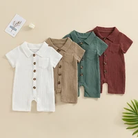 Summer Baby Clothing Newborn Infant Baby Boys Rompers Cotton Linen Solid Color Short Sleeve Lapel Jumpsuit Outfits 1
