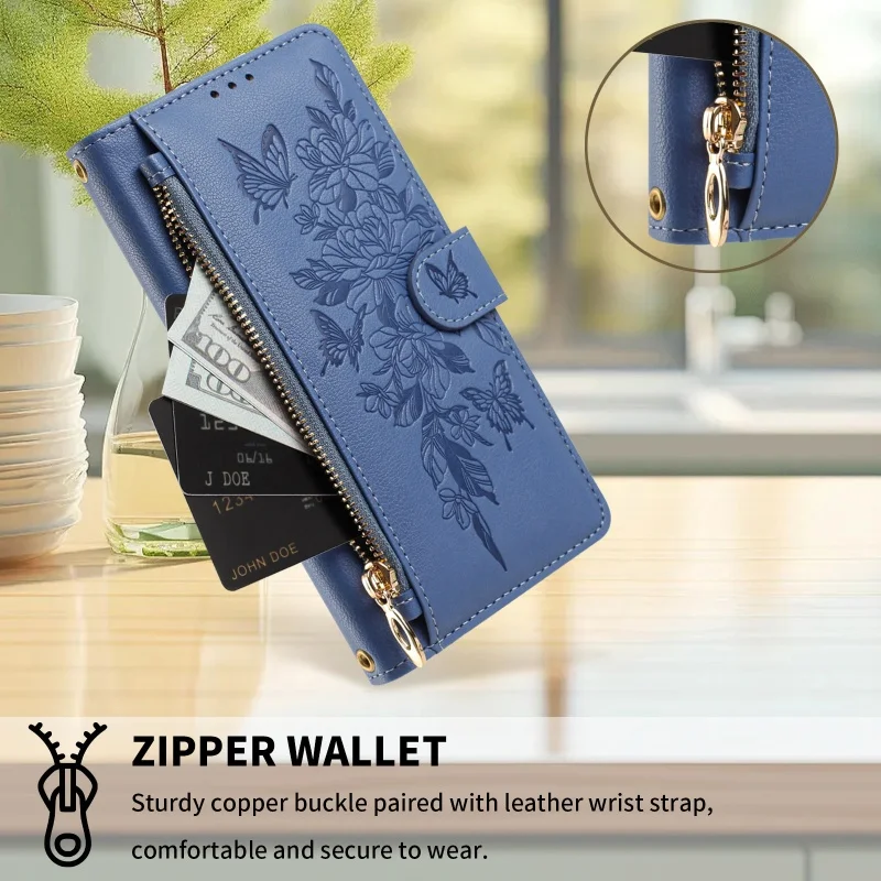Elegant Pattern Leather Zipper Wallet Phone Case with Wrist Strap and Card Holder Cover