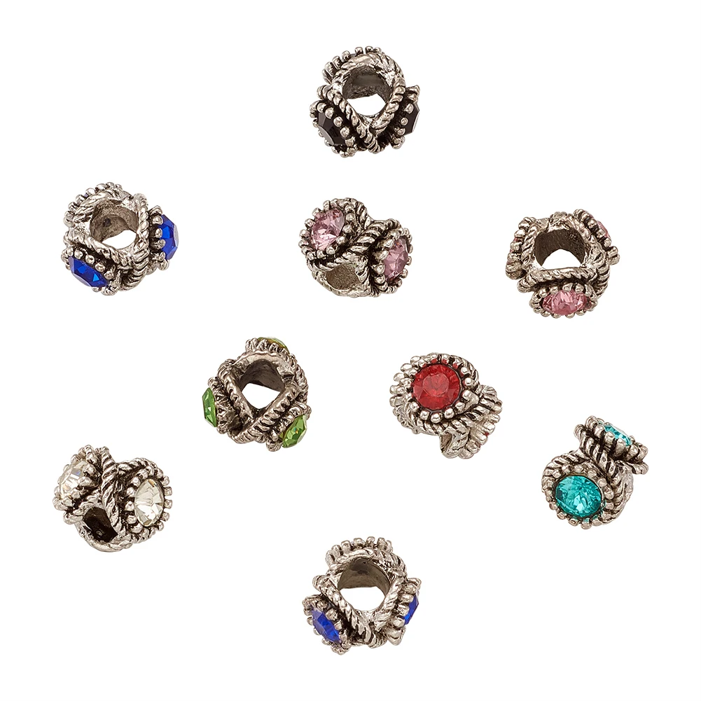 50Pcs Alloy Rhinestone European Beads Mixed Color Rondelle Large Hole Beads Spacer For DIY Charms Bracelet Jewelry Making