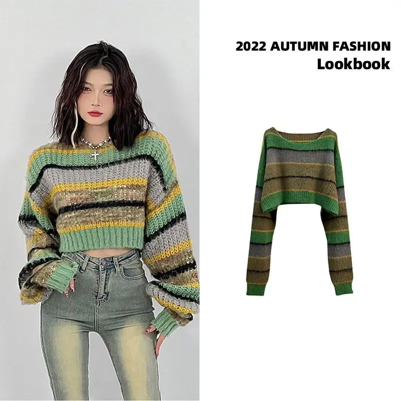 

Cropped Sweater Women Striped Pullover Autumn 2022 New Loose Fashion Knitted Tops Streetwear Female Jumper Casual