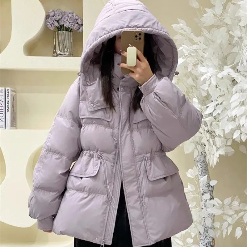 

2023 New Women Down Jacket Winter Loose Coat Waist Retraction Parkas Mid-length Outwear Thickened Hooded Sweatshirt Overcoat