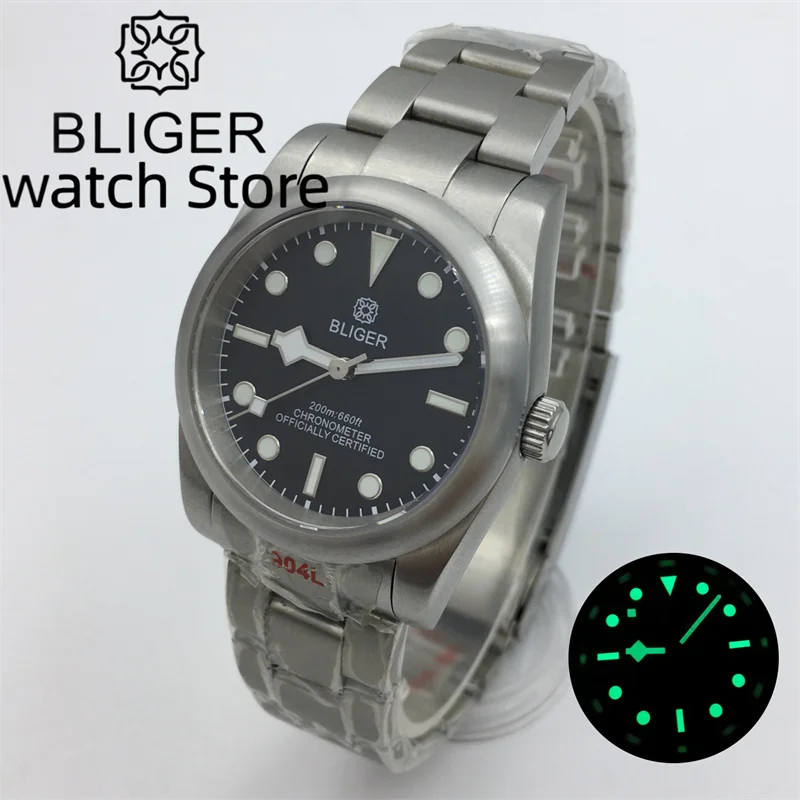 Bliger36mm 39mm black luminous dial brushed round bezel automatic men\'s watch NH35PT5000 Movement Sapphire Glass Oyster bracelet