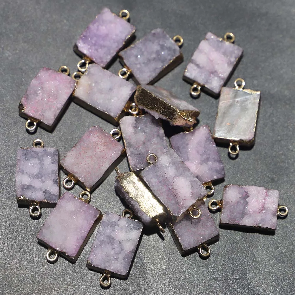 Natural Raw Stone Pink Crystal Cluster Pendants Electro Plated Pack With Gold Edge Connector Hand Charms Necklace Accessory 8Pcs