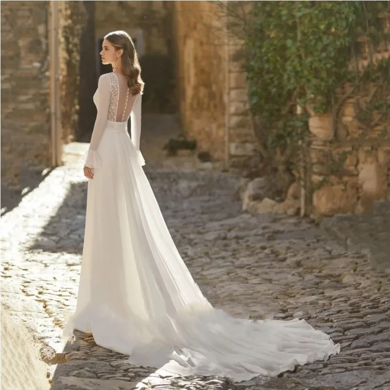 Glamorous Wedding Dresses Simple Satin Bridal Gowns Lace Appliques 2024 V-Neck Long Sleeves Mermaid Vestidos De Novia Customized 2