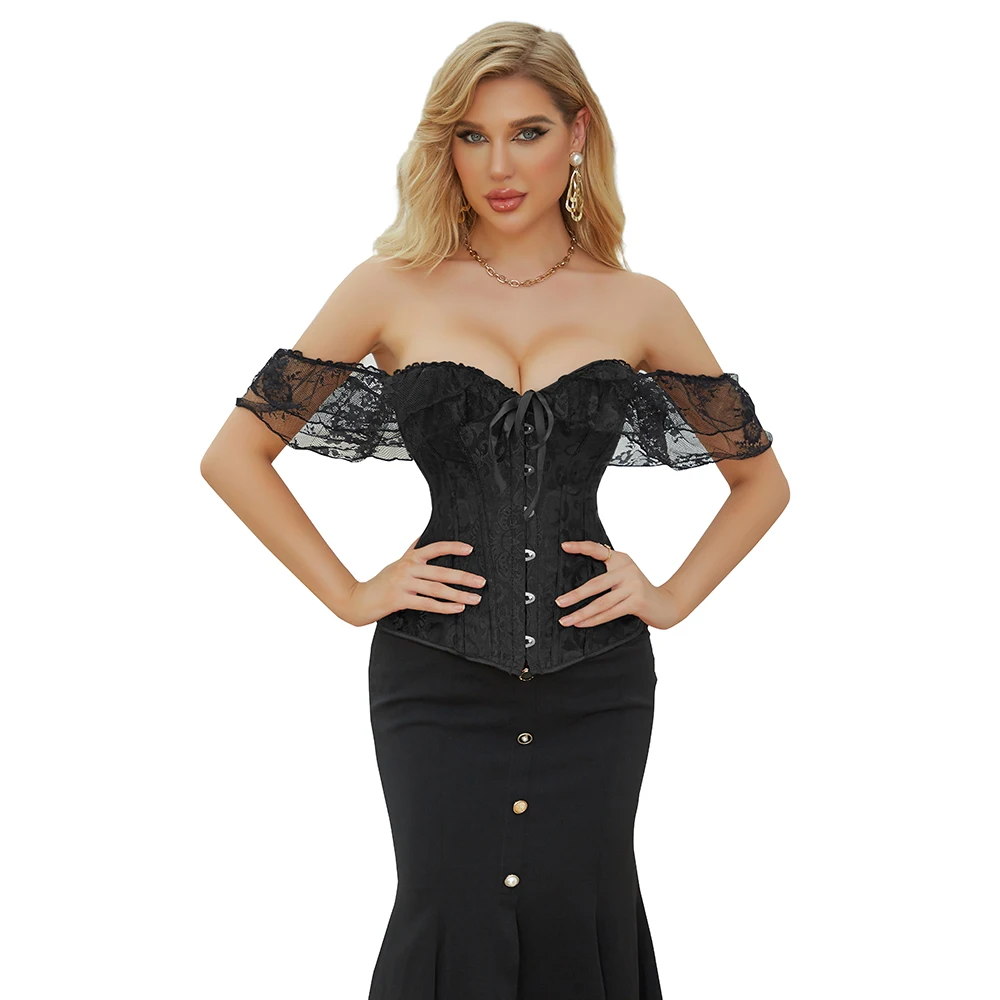 Women Lace Short Sleeve Corset White Black Red Waist Bustier Tops Overbust Korset