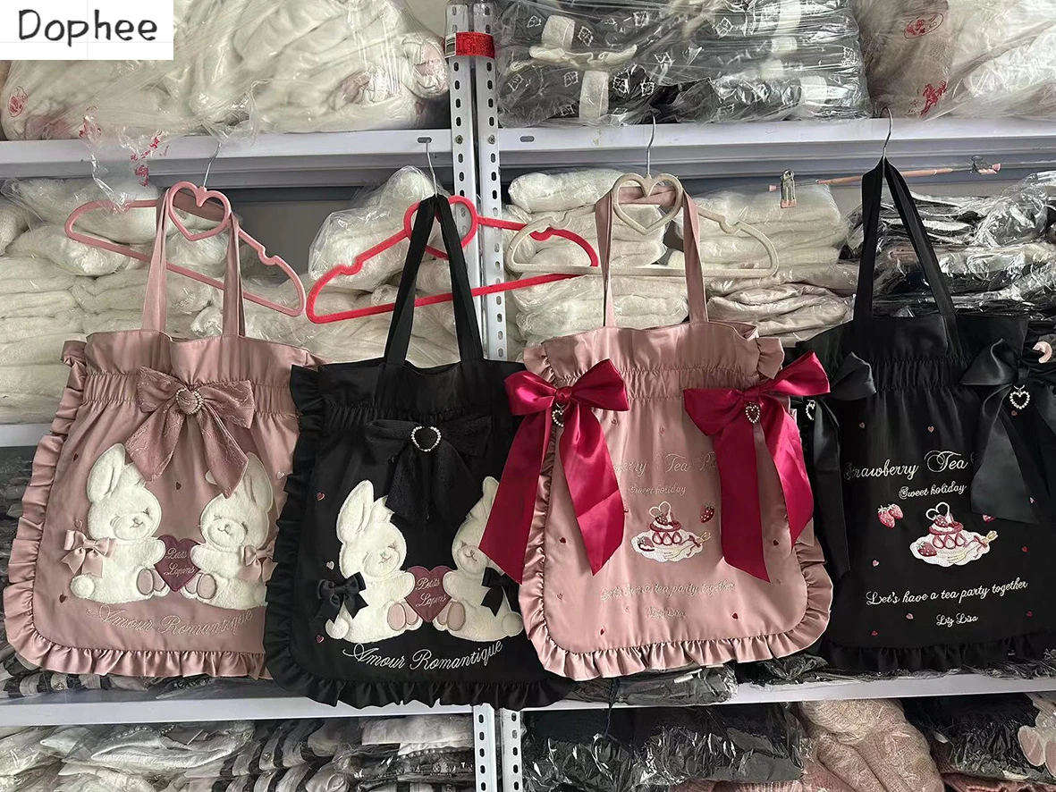

Japanese Wind Cute Princess Handbag Lolita Bag Embroidery Gemini Rabbit Strawberry Cake Rhinestone Lace Bow Shoulder Bag Student