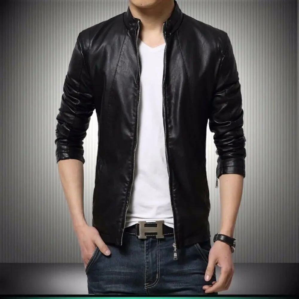 Men Leather Jacket Slim Fit Stand Collar Motorcycle Coat Lightweight Leather Outwear
