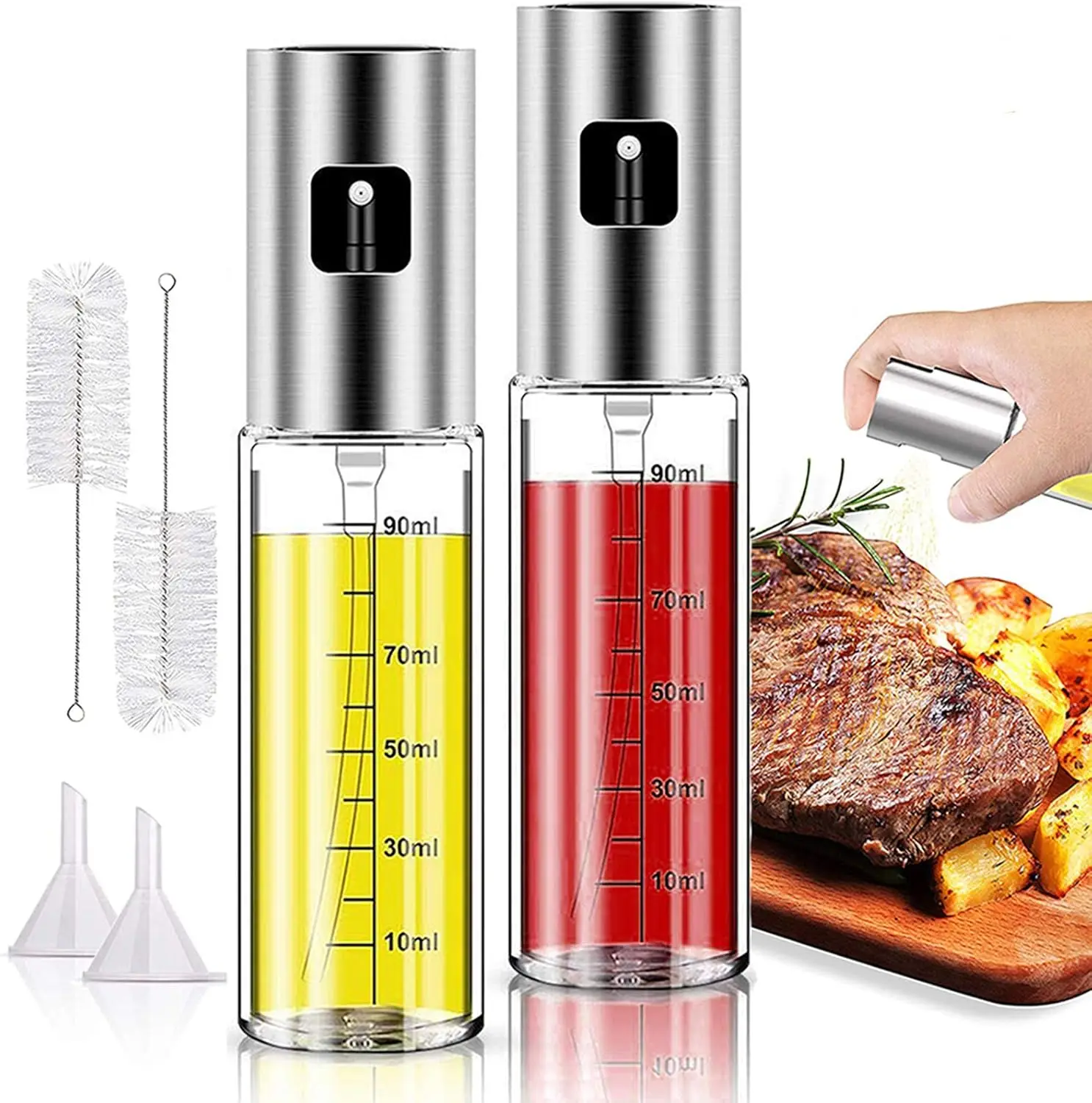Oil Sprayer for Cooking, 2 Pack Upgraded Olive Oil Spray Bottle Mister Refillable with Scale Air Fryer Accessories for Kitchen