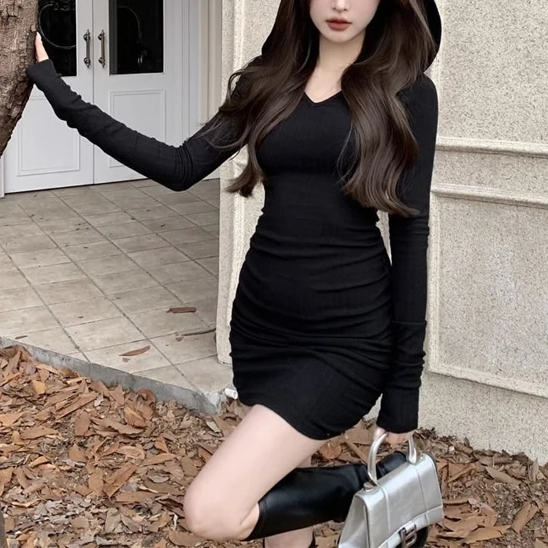 y2k Dress Women Coquette Aesthetic Clothing Solid Color Long Sleeve Bodycon Dresses Sexy Club Party Dresses Streetwear