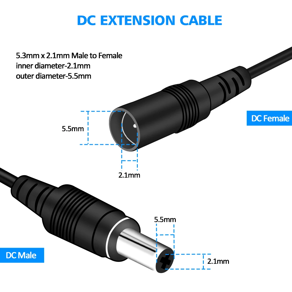 Rallonge de câble d'alimentation CC pour caméra de sécurité CCTV, rallonge 12 volts, 5.5x2.1mm, 2m, 6,56 pieds, 5m, 16,5 pieds, 10m, 33 pieds