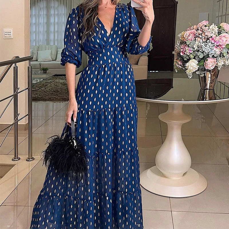 

Casual V-neck Pleats Holiday Dress Elegant Women Short Sleeved Evening Dress 2024 Spring Summer Polka Dot Print High Waist Dress