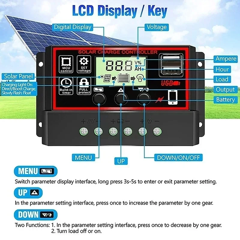 12V/24V10A-100A LCD Display Dual MOS PWM Control Solar Charge Controller with USB Solar Controller for System Use solar charger solar battery charge controller