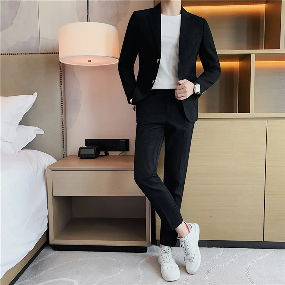 

Summer Male Suit Black Notched Lapel Men Blazer for Business Office Slim Fit Wedding Party 2 Pieces 4 Buttons Jacket Trousers